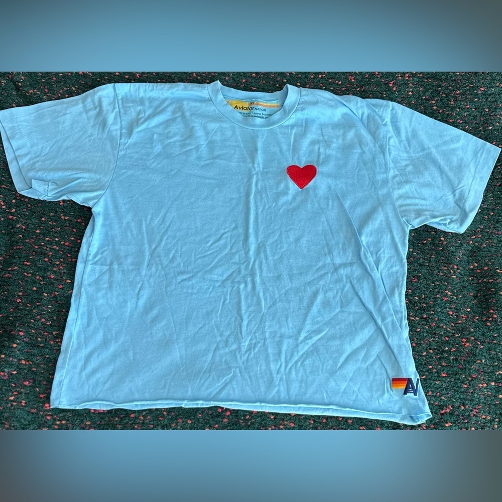 RARE Aviator Nation Heart Tee Blue Rainbow Stripe Boyfriend Tee NWOT M - Picture 16 of 16
